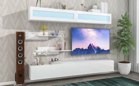 ON-TREND Wall Mount Floating TV Stand with Four Media Storage Cabinets and Two Shelves, Modern High Gloss Entertainment Center for 95+ Inch TV, 16-col