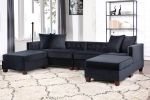 Black Velvet Fabric Sectional 2x Reversible L/R Chaise and 2x Ottomans Plywood Couch Living Room Furniture