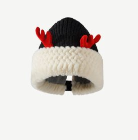 Atmosphere Red Christmas Cute Deer Horn Plush Knitted Hat Women (Option: Black-M56to58cm)