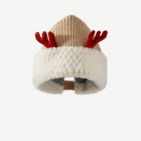 Atmosphere Red Christmas Cute Deer Horn Plush Knitted Hat Women (Option: Khaki-M56to58cm)