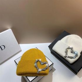 Fall Winter Fashion Heart Knitted Warm Ear Protection Hat (Option: Hexagon Rhinestone Love White-Free Size)