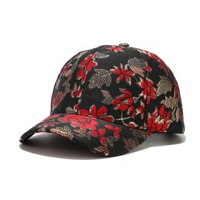 Gold Line Sun Protection Baseball Cap New Floral Duck Tongue (Option: Red Flower Golden-Adjustable)