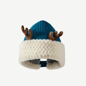 Atmosphere Red Christmas Cute Deer Horn Plush Knitted Hat Women (Option: Peacock Blue-M56to58cm)