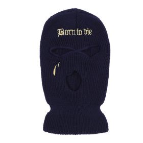 Fashion Embroidery Three-hole Woolen Knitted Hat (Option: Navy Blue-Free Size)