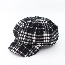 Autumn And Winter Leisure Peaked Cap British Black And White Plaid Octagonal Hat (Option: Black-M)