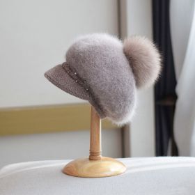 Autumn And Winter Fox Fur Ball Hat Fashion Bead Rabbit Fur Knitted Peaked Cap Women (Option: Khaki-M56 58cm)