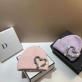 Fall Winter Fashion Heart Knitted Warm Ear Protection Hat (Option: Hexagon Rhinestone Love Pink-Free Size)