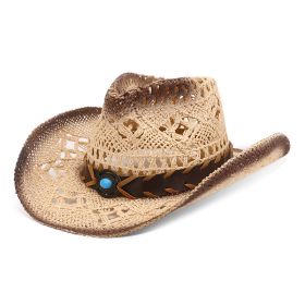 Hollow Out Western Cowboy Hat Straw Breathable (Option: Apricot Brown-M56to58cm)